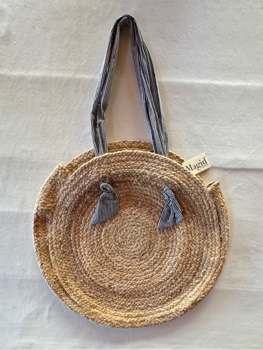 Magid Natural Jute Circle Tote Bag Black White Striped Fabric Handle NWT - Picture 2 of 14
